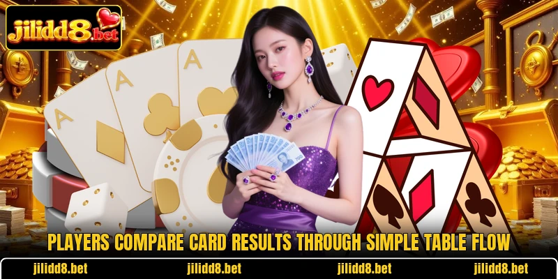 Players compare card results through simple table flow